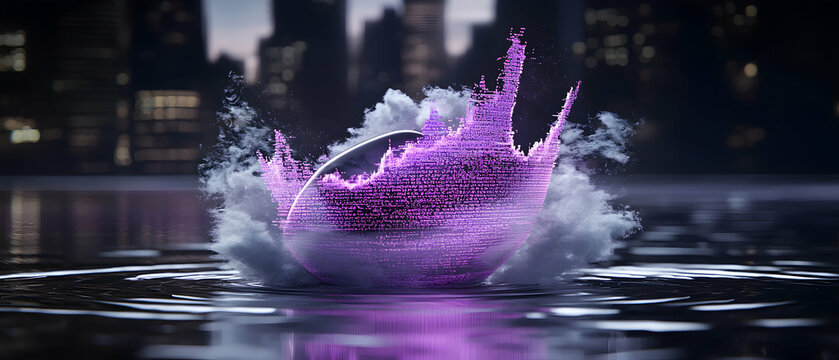 A digital data visualization rising from water. It looks like a wave of information. Suggests technology and data flow in a modern city. It can be used for a website banner.