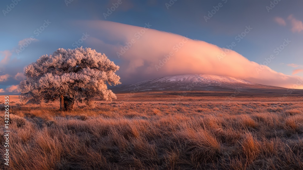 Poster tree stands in a field of tall grass. the sky is cloudy and the sun is setting