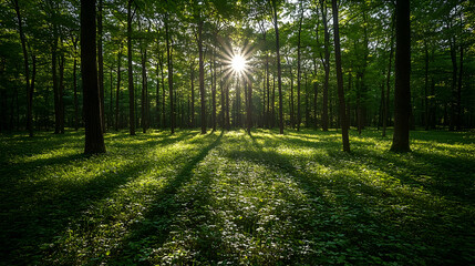 Fototapeta premium Sunlight streams through a dense forest of tall trees casting shadows on the lush ground The scene is green and vibran