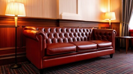 Fototapeta premium Elegant leather sofa in a cozy, well-lit room with warm wooden accents and soft lighting