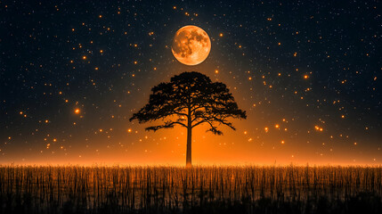 Serene scenery with a silhouetted tree under a radiant full moon and a sky full of glimmering stars in an open field