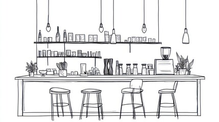 Interior sketch of a cafe bar area, empty. Suitable for cafe design inspiration
