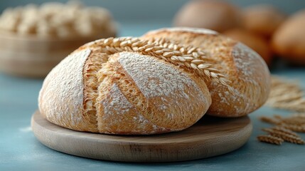 Rustic Bread Duo Golden Loaves Adorned with Wheat Stalks on Wood