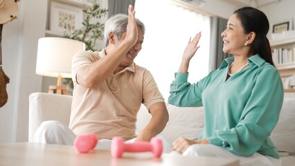 Fototapeta premium Elder woman using dumbbell at living room for boosting balance and coordination or enhancing joint health and flexibility while grandfather encouraging grandmother and giving high five. Myrmidon.