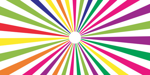 Rainbow stripped colorful backdrop. Multi-color Sunburst or sun burst retro background Star burst abstract backdrop. Retro swirl, summer and carnival background. Abstract colorful comic background.