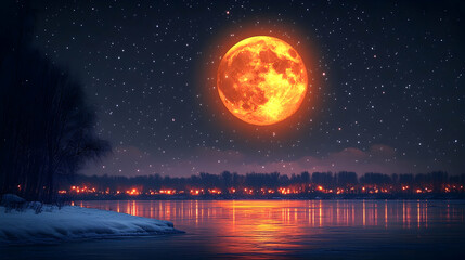 Naklejka premium Fiery orb shines over icy water illuminating a serene landscape under a starry sky with distant lights