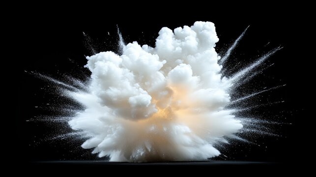 White cloud of smoke is exploding in the air. The explosion is so powerful that it is creating a huge cloud of white smoke. The scene is dramatic and intense