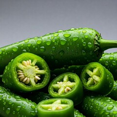 fresh  slice jalapeno peppers isolated on white background. Green chili pepper with  full depth of field. j green chili pepper jalapeno with water drop 
