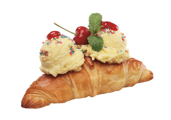 Vanilla ice cream on fresh brioche isolated on transparent layered background.
