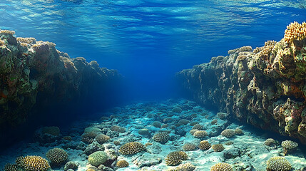 Fototapeta premium Underwater scene featuring vibrant coral reefs and sandy seabed under the oceans surface with sunlight filtering throug