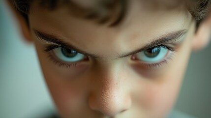 Close-up of a child frowning and expressing negative emotions through an intense gaze
