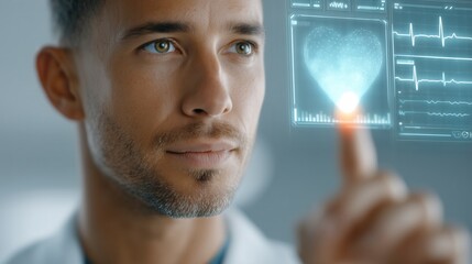 Headshot of a young doctor man interacting with a futuristic medical interface showing a virtual heart and data
