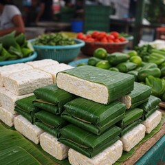 tempe or tempeh wrapped in banana leaves in the traditional market ,tempeh is a indonesian traditional food.made of fermented soya beans