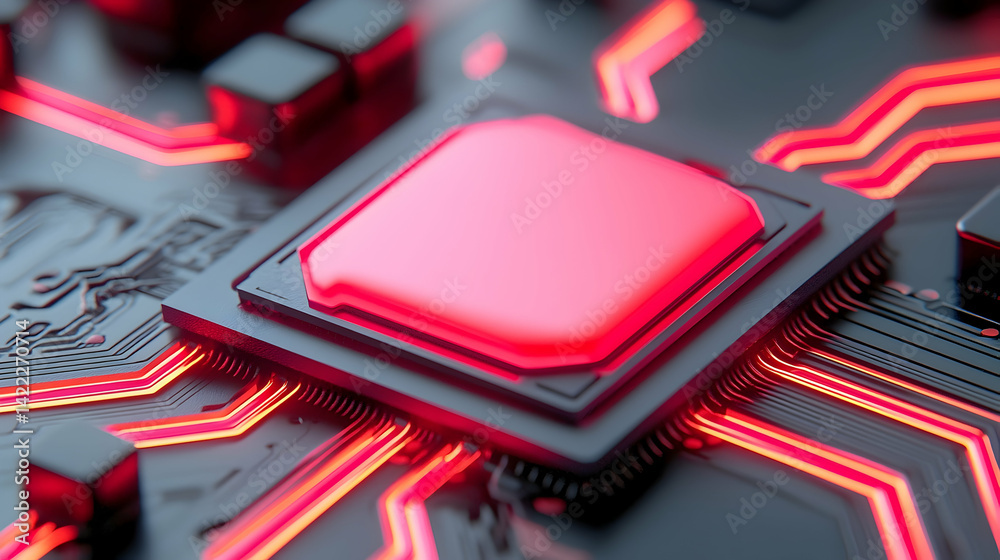 Wall mural red neon circuit board with processor close-up