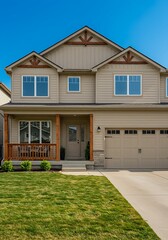 Fototapeta premium Bathed in sunlight under a clear blue sky, a two-story beige residence with an attached two-car garage includes a charming covered front porch and a manicured green lawn