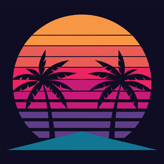 A vector illustration shows a palm tree silhouette on a tropical island beach at sunset, suggesting a summer vacation in a sea paradise