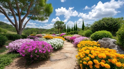 Colorful spring flowers in hill garden with blue sky