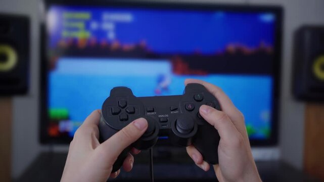 Gamepad-wielding gamer immersed in retro pixelated platformer, fingers dancing across controller during intense nostalgic digital adventure