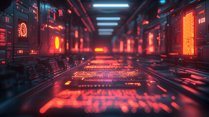 A neon-lit futuristic corridor glows red and blue showcasing technology. Use it as a background for tech-related games or UI design elements.
