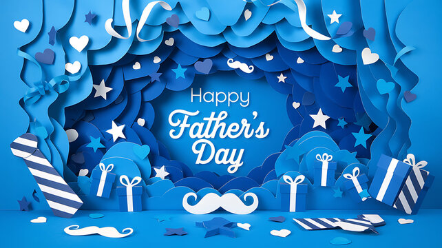 Stylish festive Father's Day 3D art greeting card design featuring vibrant blue background decorated 3D paper-cut elements mustaches ties gift boxes stars hearts confetti for joyful celebration theme