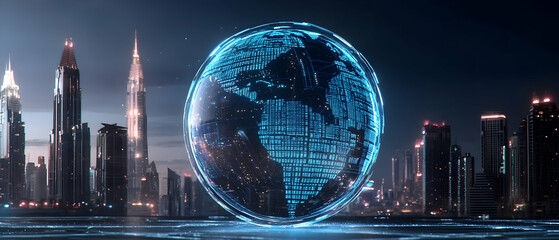 A futuristic globe with a digital world map sits before a cityscape suggesting global connectivity. Use it for tech presentations or web designs.
