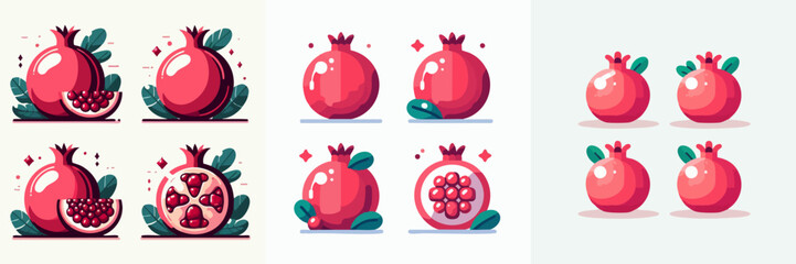 vector collection of pomegranate fruit illustrations in various cut shapes and fresh and delicious looks