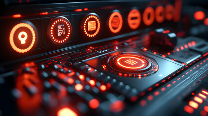 Futuristic control panel with glowing red lights. Suggests a data center interface or advanced technology control center. Great for cyberpunk-themed designs or sci-fi illustrations.