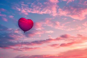 Fototapeta premium A single red heart-shaped balloon floats in a soft pink and blue sky at sunset, A heart-shaped balloon floating in a dreamy pink and purple sky