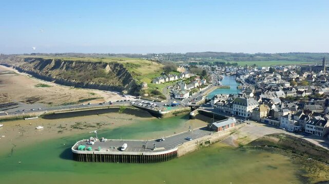 The active port and town of Port-en-Bessin in Europe, France, Normandy, towards Omaha beach, in spring, on a sunny day.&nbsp;