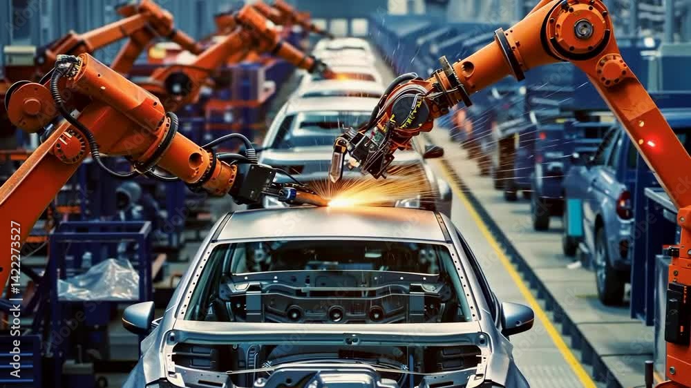 Poster vibrant image depicts automated car production where robotic arms weld car bodies. it highlights mod