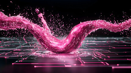 Abstract digital artwork featuring a glowing pink wave over circuit patterns suggesting data flow or technological processes. Perfect for technology or science presentations.