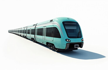 Fototapeta premium Modern electric train isolated on white background. Long train composition with wagons. Railway transport. Travel, journey concept. Public transport, intercity train, modern railway system for