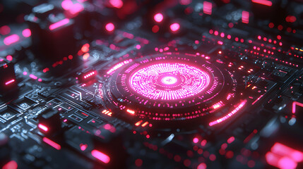 A futuristic image of a glowing circuit board ideal for tech or science fiction projects. Consider using it for website backgrounds or promotional content.