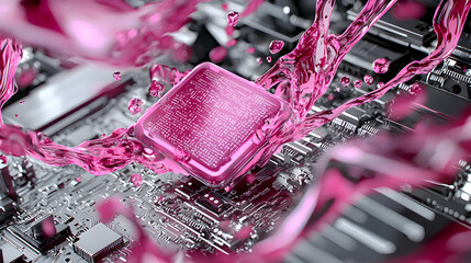 A vibrant image showcasing a computer chip encased in a flowing pink fluid. The image suggests liquid cooling or abstract data visualization. Use it for tech ads.
