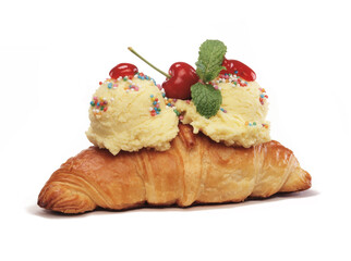 Vanilla ice cream on fresh brioche isolated on transparent layered background.	