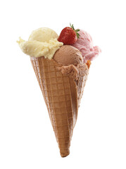 Chocolate vanilla and strawberry ice cream cone isolated on white background.	