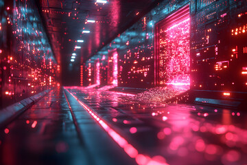 Futuristic hallway glows with neon pink and blue lights. Circuitry details and digital displays create a high-tech sci-fi aesthetic suitable for games and digital art.