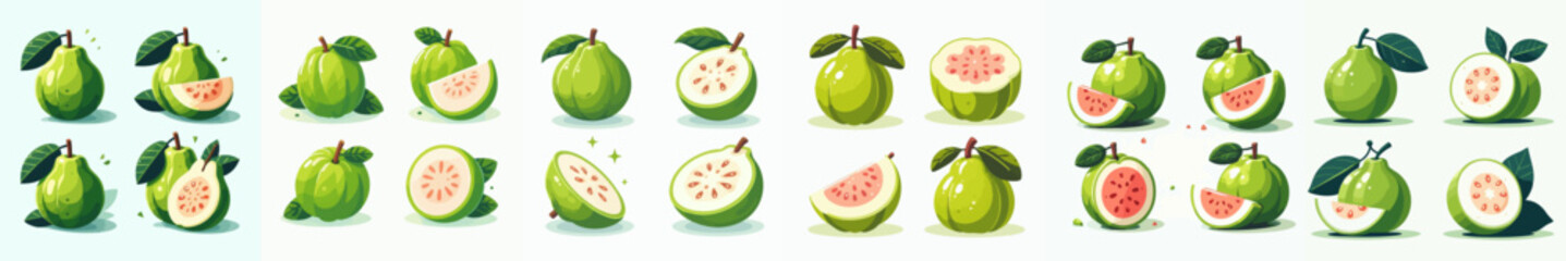 vector collection of guava fruit illustrations in various cut shapes and fresh and delicious looks