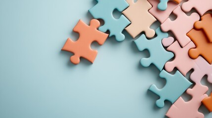 A harmonious layout of colorful puzzle pieces arranged beautifully, representing the unity and complexity of life, creativity, and the joy found in solving puzzles together.