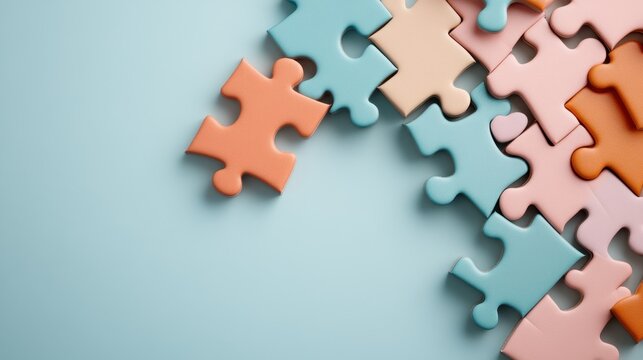 A harmonious layout of colorful puzzle pieces arranged beautifully, representing the unity and complexity of life, creativity, and the joy found in solving puzzles together.