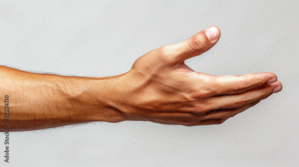 Wall mural a male arm highlighting the inner part of the forearm with the hand open, empty white flat backgroun