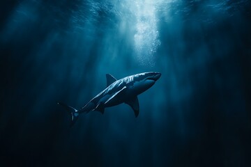 Naklejka premium Great White Shark Swimming Powerfully in Deep Ocean Waters.