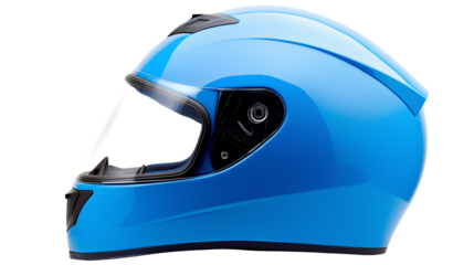 Close up of a shiny light blue motorcycle helmet with a clear face shield isolated on transparent background