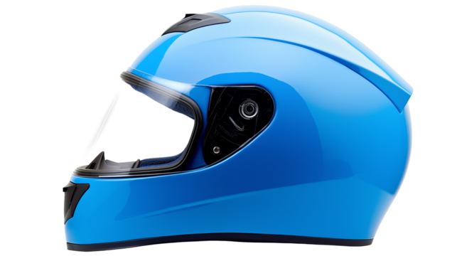 Close up of a shiny light blue motorcycle helmet with a clear face shield isolated on transparent background
