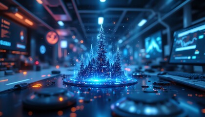 Futuristic digital landscape with blue lights.