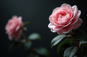 Fototapeta premium Pink rose blossom on black background. Soft petals in full bloom. Delicate flower with green leaves. Ideal for romance, beauty, love, Valentine, wedding, greeting cards, floral design.