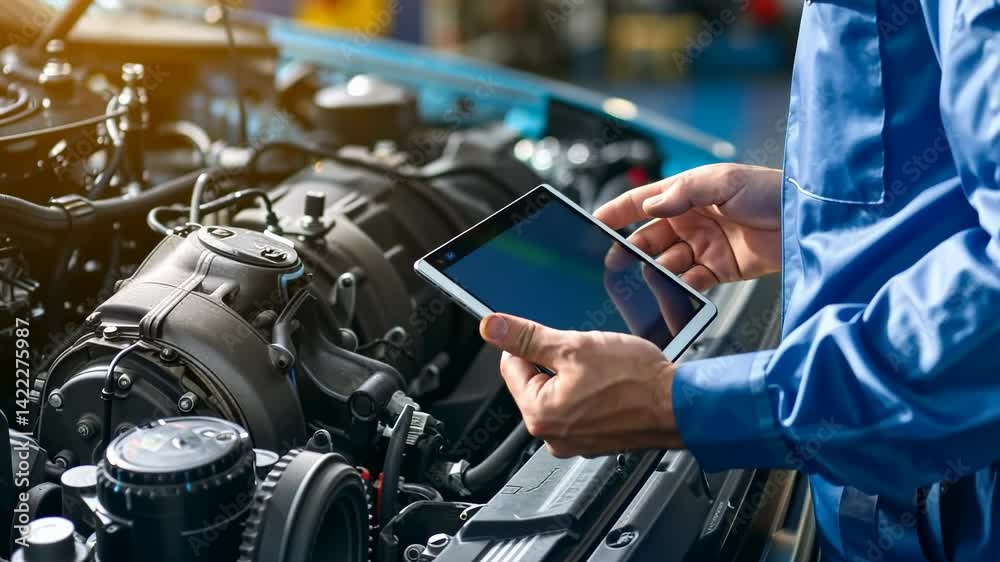Poster an auto mechanic in blue uniform uses a tablet to inspect the engine of a vehicle in a garage, showc