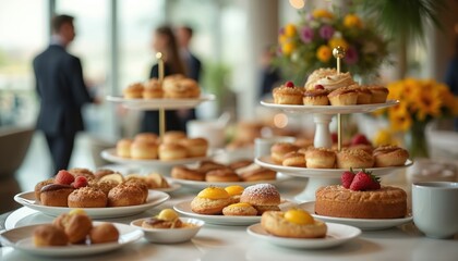 Elegant breakfast buffet table with pastries fruit beverages for morning gathering. Business meeting event catering. Refined inviting atmosphere with delicious sweets and coffee drinks for cafe.