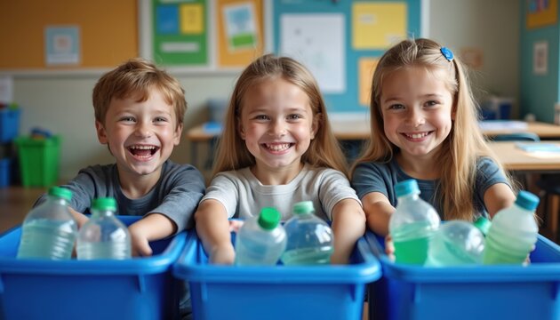 Happy kids recycle plastic bottles in blue bins. Smiling children show importance of environmental protection, teach reusing, sustainability. School classroom shows teamwork, responsibility,