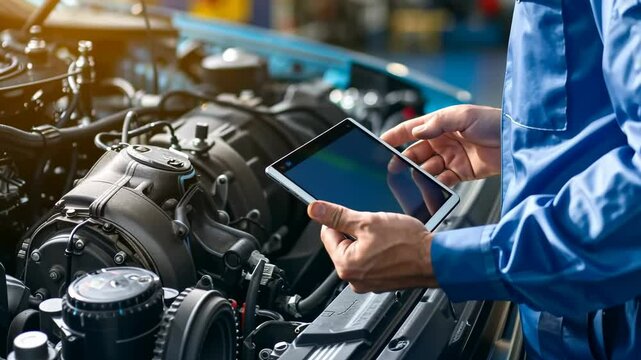 An auto mechanic in blue uniform uses a tablet to inspect the engine of a vehicle in a garage, showcasing modern diagnostics, maintenance. Vehicle repair, troubleshooting, technological integration